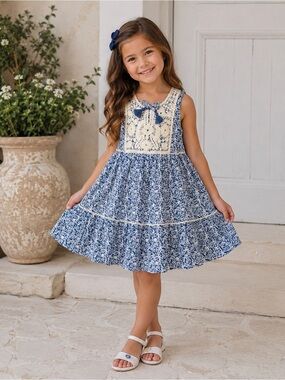 Girls Blue Floral Lace-Yoke Summer Dress